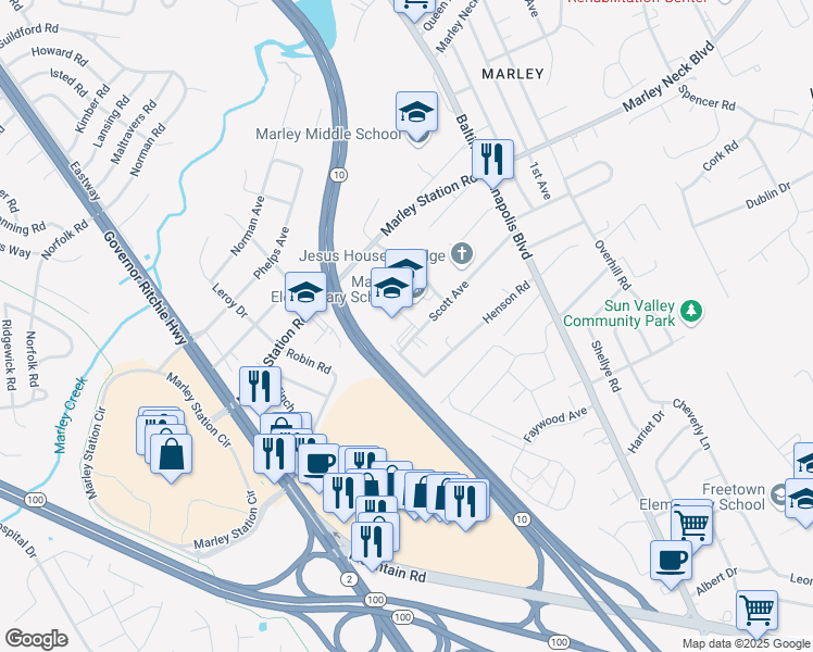 map of restaurants, bars, coffee shops, grocery stores, and more near 200 Scott Avenue in Glen Burnie
