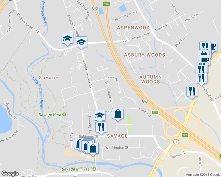 map of restaurants, bars, coffee shops, grocery stores, and more near 8295 Woodward Street in Savage