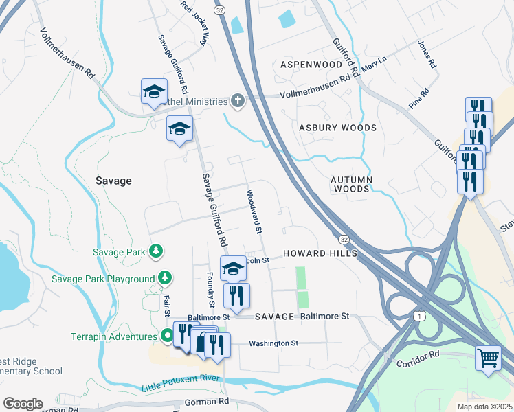map of restaurants, bars, coffee shops, grocery stores, and more near 8295 Woodward Street in Savage
