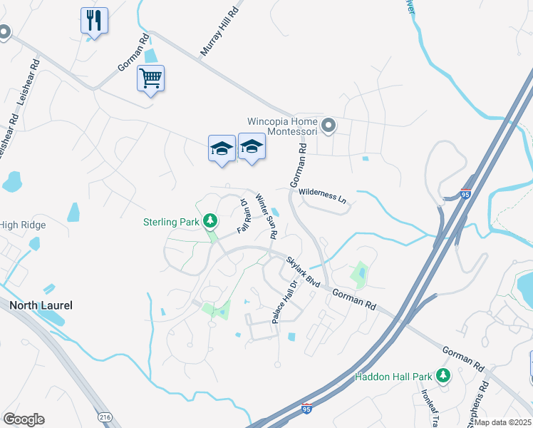 map of restaurants, bars, coffee shops, grocery stores, and more near Winter Sun Road in North Laurel