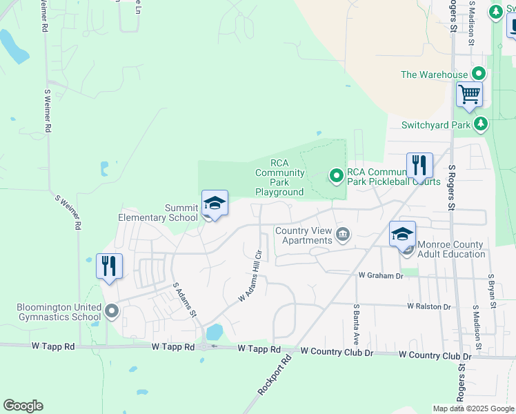 map of restaurants, bars, coffee shops, grocery stores, and more near 206 West Adams Hill Circle in Bloomington