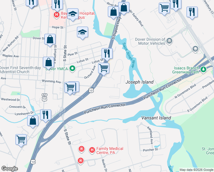 map of restaurants, bars, coffee shops, grocery stores, and more near 5 Evergreen Drive in Dover
