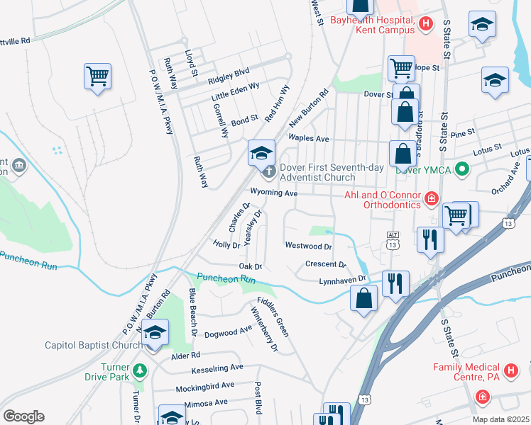 map of restaurants, bars, coffee shops, grocery stores, and more near 1079 Oak Drive in Dover