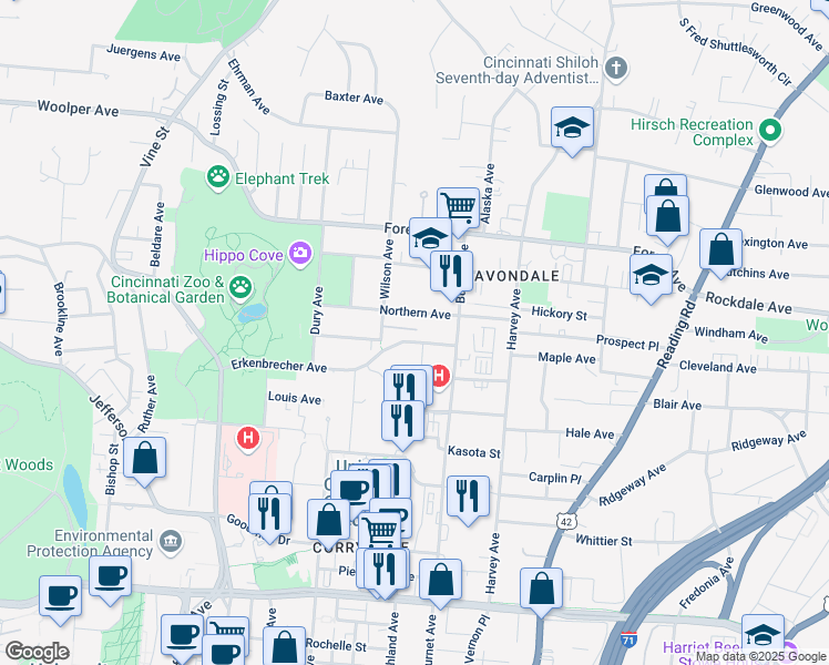 map of restaurants, bars, coffee shops, grocery stores, and more near 3450 Wilson Avenue in Cincinnati