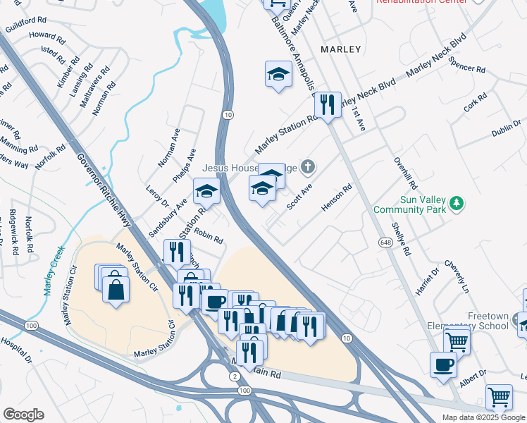 map of restaurants, bars, coffee shops, grocery stores, and more near 200 Scott Avenue in Glen Burnie