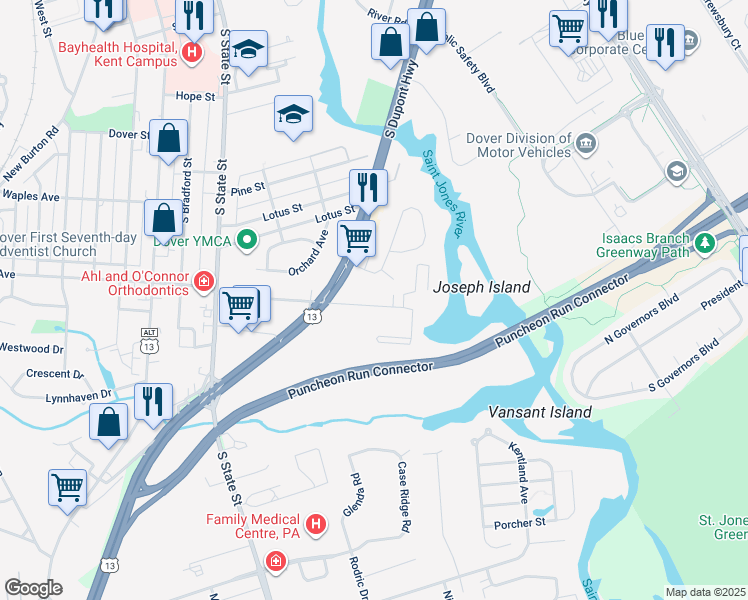 map of restaurants, bars, coffee shops, grocery stores, and more near 129 Roosevelt Avenue in Dover