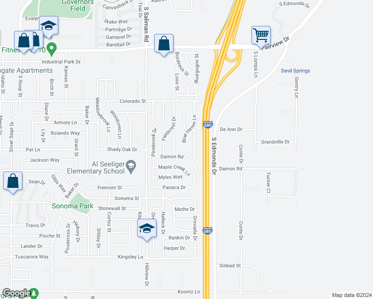 map of restaurants, bars, coffee shops, grocery stores, and more near 2649 Blue Haven Lane in Carson City