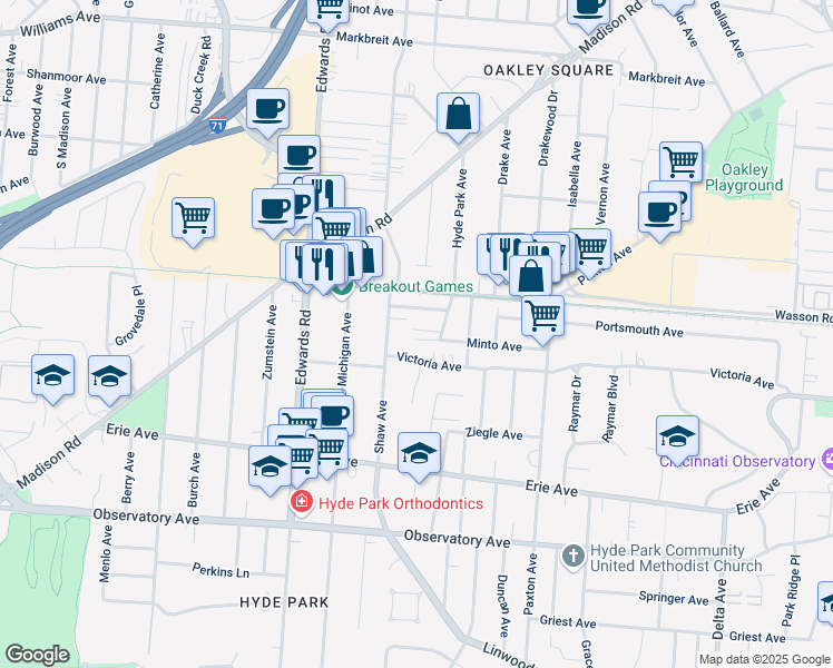 map of restaurants, bars, coffee shops, grocery stores, and more near 2821 Hyde Park Place in Cincinnati