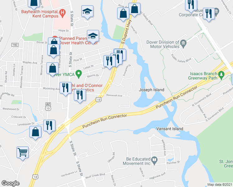 map of restaurants, bars, coffee shops, grocery stores, and more near 127 Roosevelt Avenue in Dover