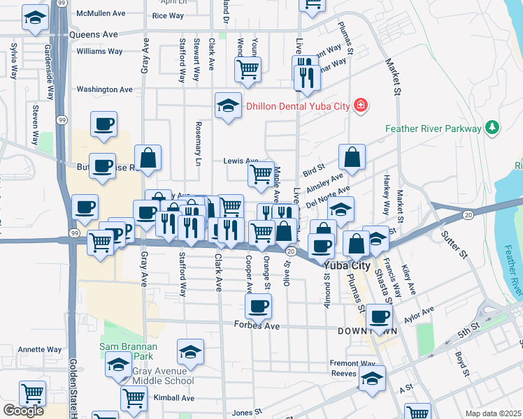 map of restaurants, bars, coffee shops, grocery stores, and more near 575 Ainsley Avenue in Yuba City