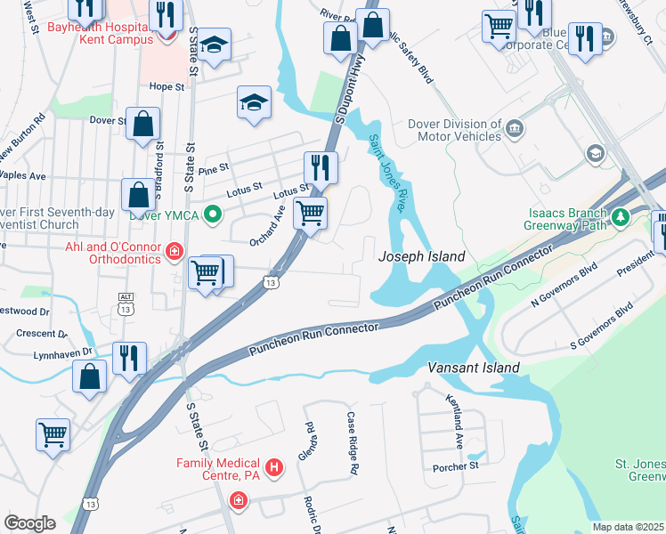 map of restaurants, bars, coffee shops, grocery stores, and more near 5 Evergreen Circle in Dover