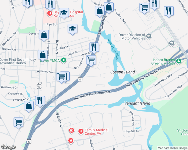 map of restaurants, bars, coffee shops, grocery stores, and more near 5 Evergreen Drive in Dover
