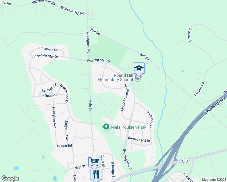map of restaurants, bars, coffee shops, grocery stores, and more near 35797 Park Heights Circle in Round Hill