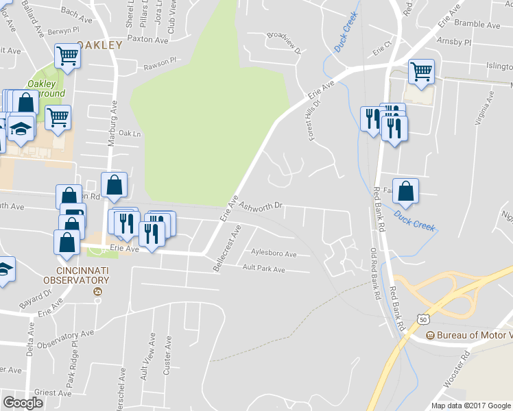 map of restaurants, bars, coffee shops, grocery stores, and more near 3658 Ashworth Drive in Cincinnati