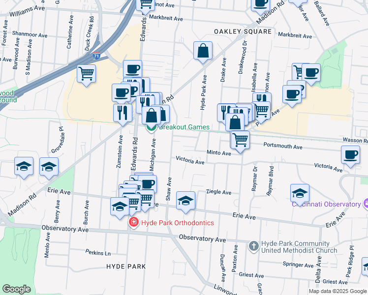 map of restaurants, bars, coffee shops, grocery stores, and more near 2838 Rosella Avenue in Cincinnati