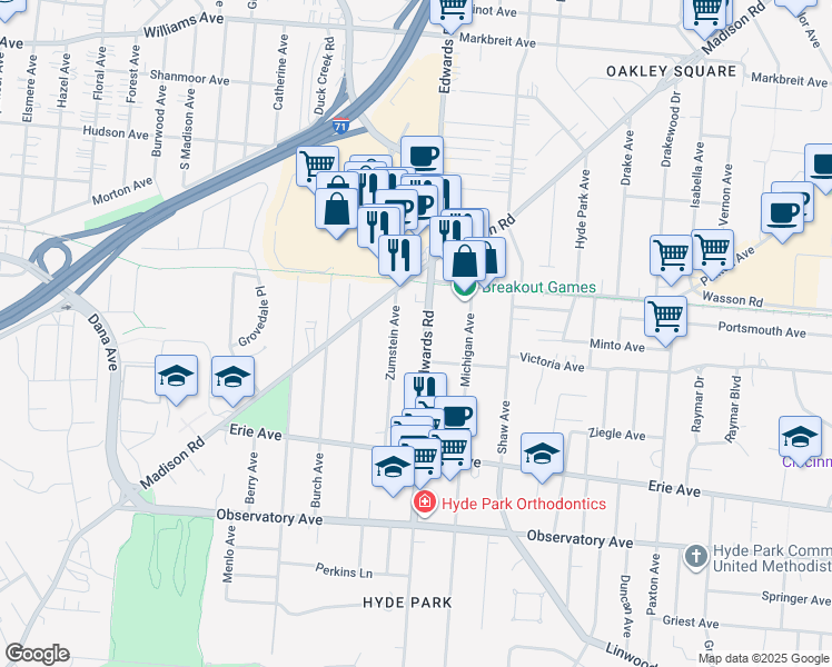 map of restaurants, bars, coffee shops, grocery stores, and more near 3644 Zumstein Avenue in Cincinnati