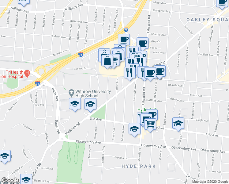 map of restaurants, bars, coffee shops, grocery stores, and more near 3619 Burch Avenue in Cincinnati