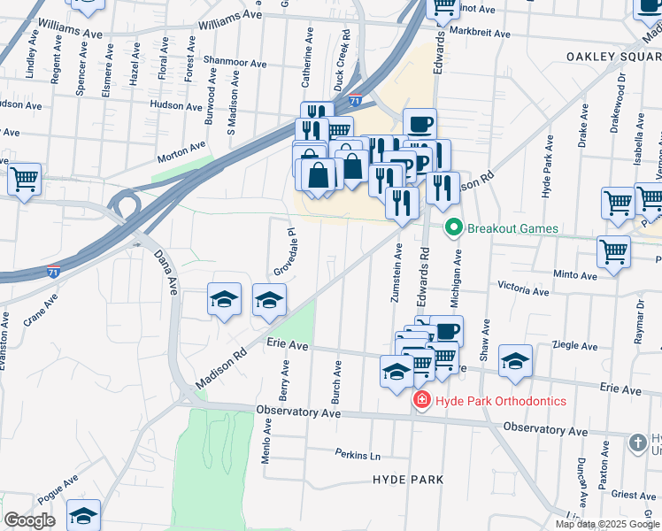 map of restaurants, bars, coffee shops, grocery stores, and more near 3619 Burch Avenue in Cincinnati
