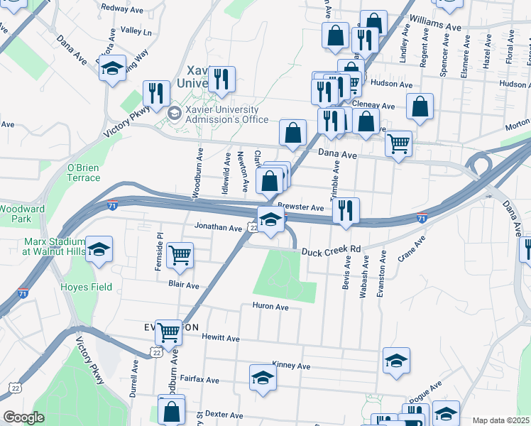 map of restaurants, bars, coffee shops, grocery stores, and more near 1712 Brewster Avenue in Cincinnati