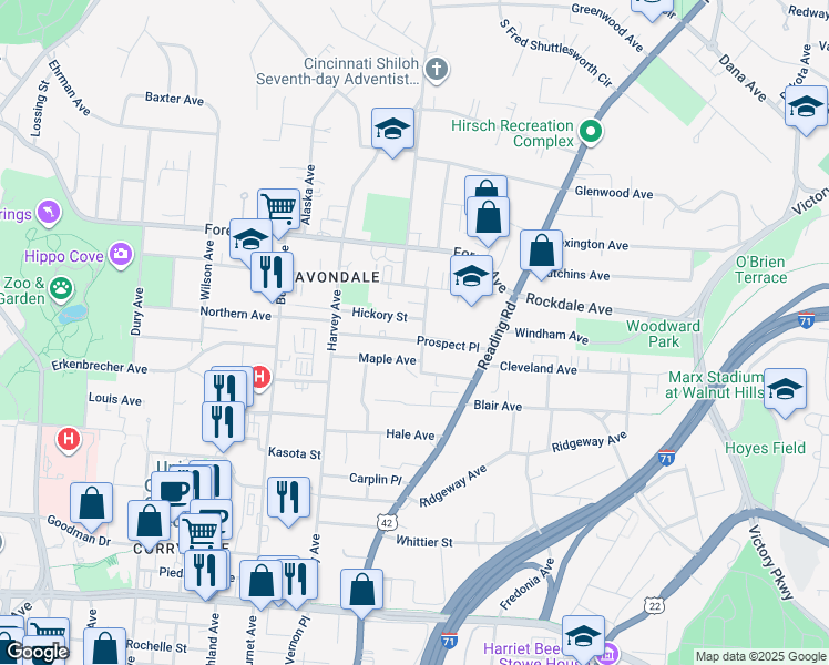 map of restaurants, bars, coffee shops, grocery stores, and more near 3473 Knott Street in Cincinnati