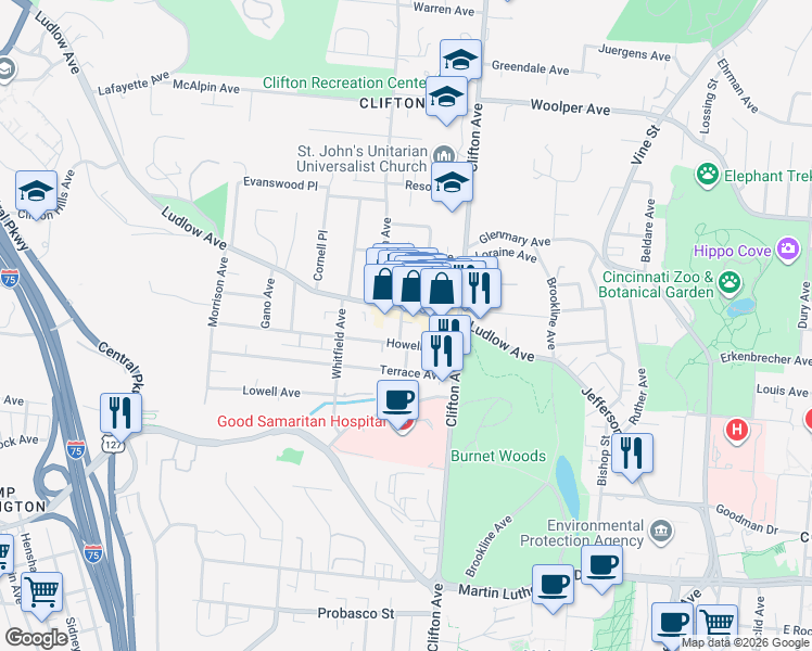 map of restaurants, bars, coffee shops, grocery stores, and more near 364 Ludlow Avenue in Cincinnati