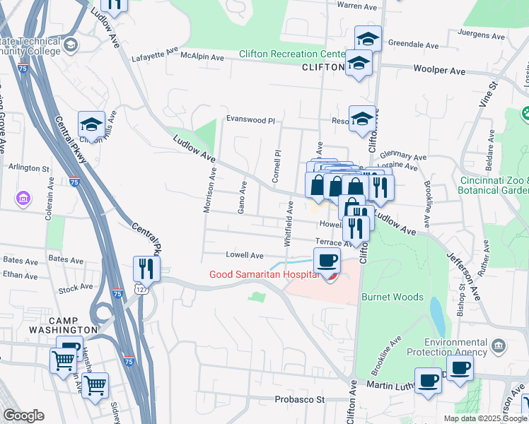 map of restaurants, bars, coffee shops, grocery stores, and more near 451 Ludlow Avenue in Cincinnati