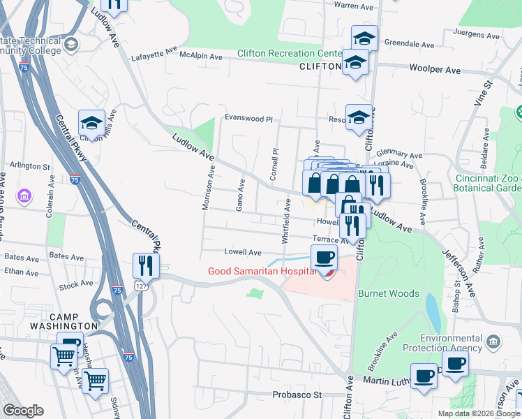 map of restaurants, bars, coffee shops, grocery stores, and more near 451 Ludlow Avenue in Cincinnati