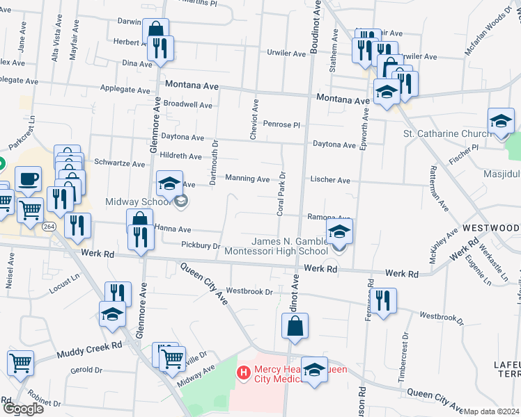 map of restaurants, bars, coffee shops, grocery stores, and more near 3114 Pershing Court in Cincinnati