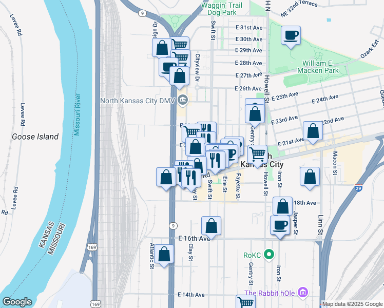 map of restaurants, bars, coffee shops, grocery stores, and more near 2101 Buchanan Street in North Kansas City