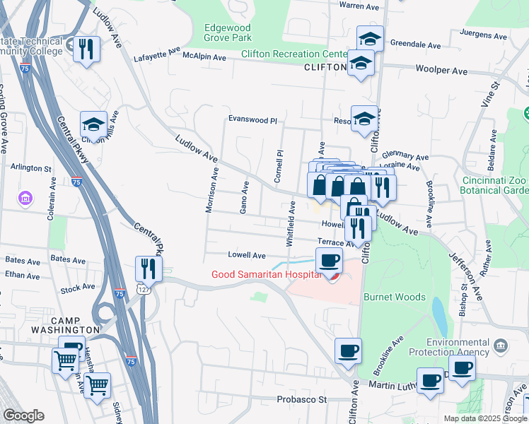 map of restaurants, bars, coffee shops, grocery stores, and more near 451 Ludlow Avenue in Cincinnati