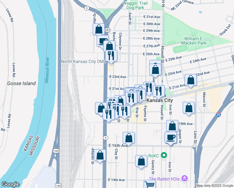 map of restaurants, bars, coffee shops, grocery stores, and more near 2101 Buchanan Street in North Kansas City