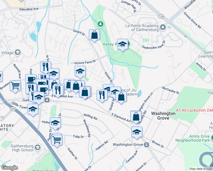 map of restaurants, bars, coffee shops, grocery stores, and more near 108 Bowsprit Court in Gaithersburg