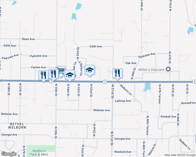 map of restaurants, bars, coffee shops, grocery stores, and more near 3106 North 51st Terrace in Kansas City