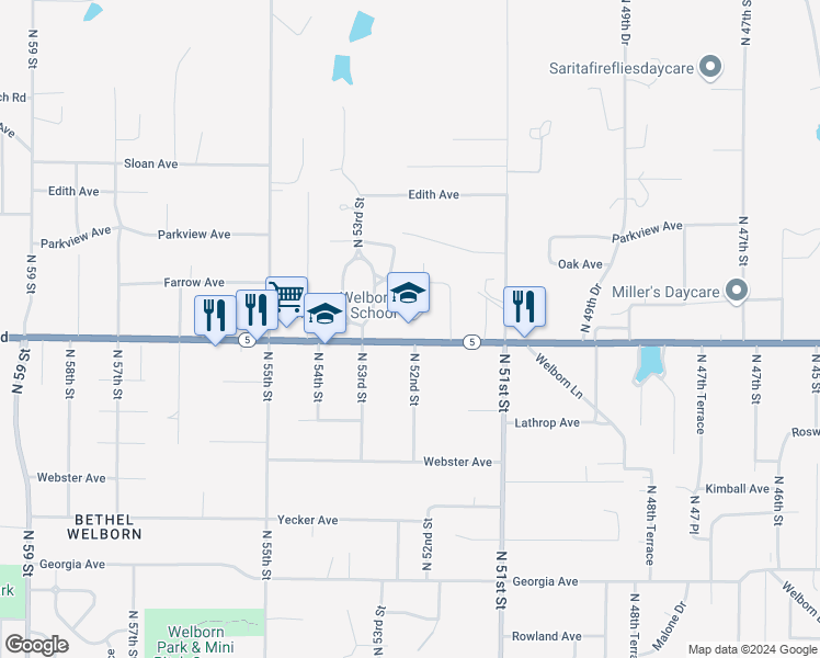 map of restaurants, bars, coffee shops, grocery stores, and more near 5200 Leavenworth Road in Kansas City