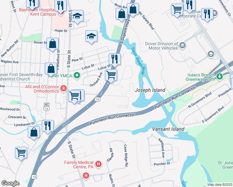 map of restaurants, bars, coffee shops, grocery stores, and more near 129 Roosevelt Avenue in Dover