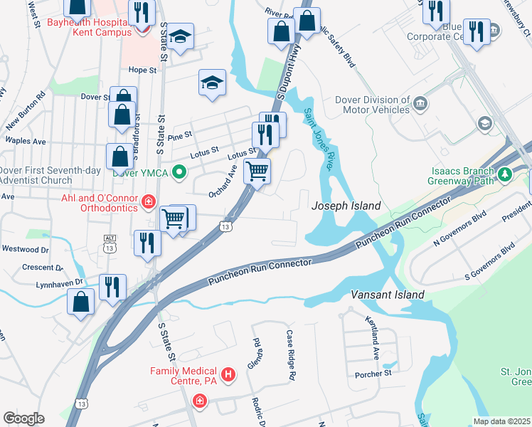 map of restaurants, bars, coffee shops, grocery stores, and more near 127 Roosevelt Avenue in Dover