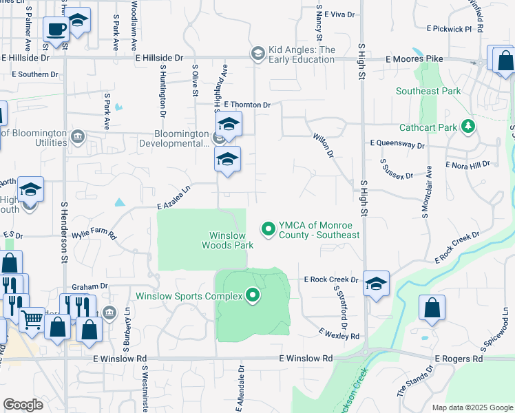 map of restaurants, bars, coffee shops, grocery stores, and more near 1323 East Short Street in Bloomington