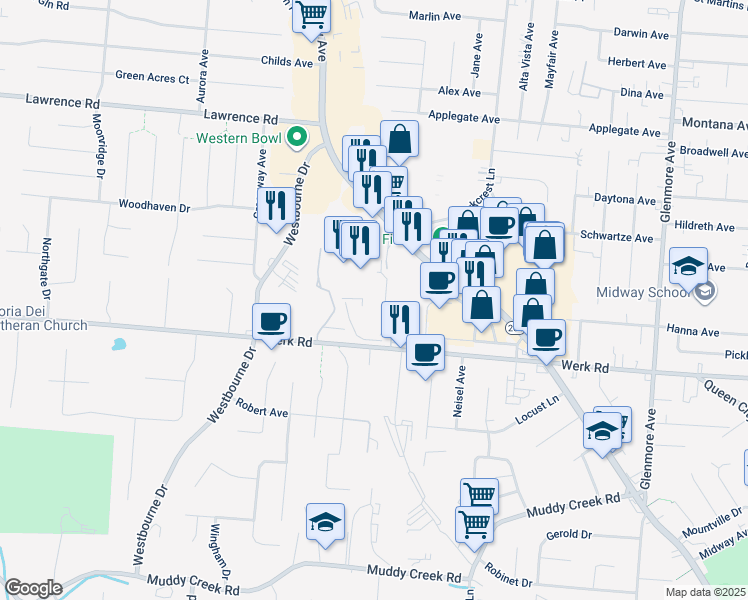 map of restaurants, bars, coffee shops, grocery stores, and more near 3694 Werk Road in Cincinnati