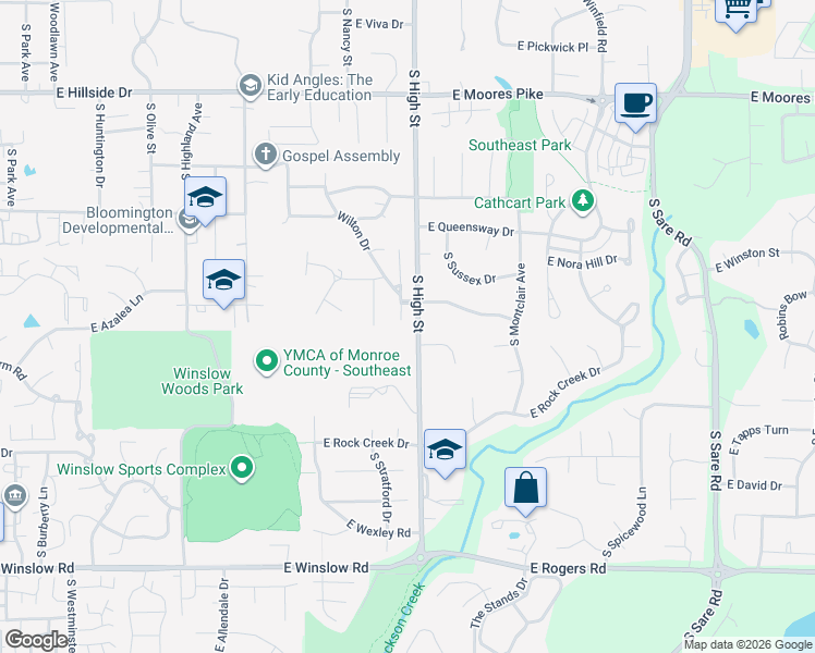 map of restaurants, bars, coffee shops, grocery stores, and more near 2102 East Wimbleton Lane in Bloomington
