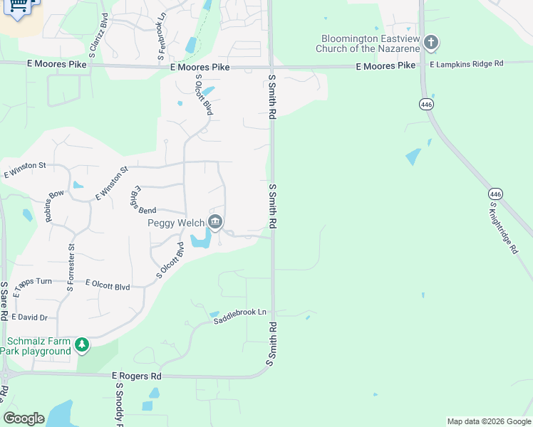 map of restaurants, bars, coffee shops, grocery stores, and more near 2400 South Smith Road in Bloomington