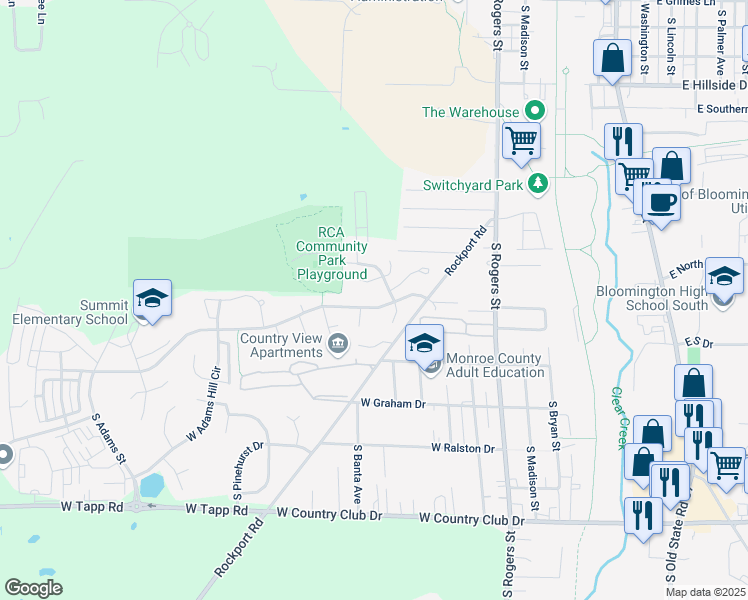 map of restaurants, bars, coffee shops, grocery stores, and more near 906 West Countryside Lane in Bloomington