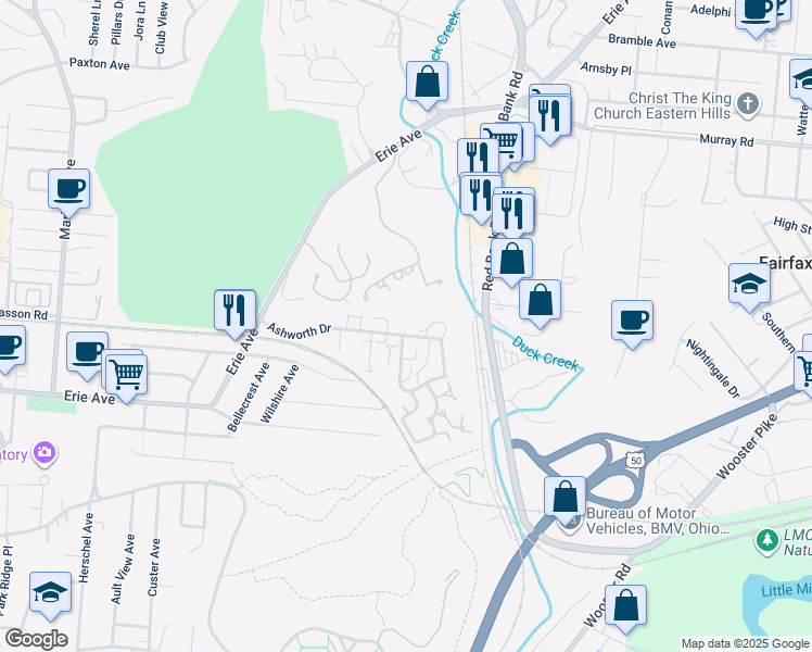 map of restaurants, bars, coffee shops, grocery stores, and more near 11 Forest Hills Drive in Cincinnati
