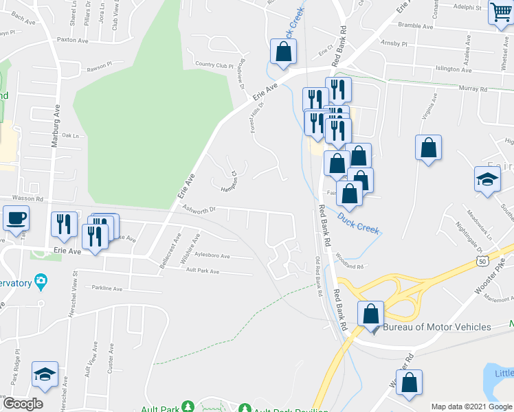 map of restaurants, bars, coffee shops, grocery stores, and more near 16 Forest Hills Drive in Cincinnati