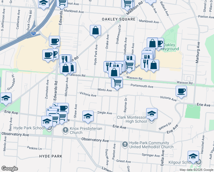 map of restaurants, bars, coffee shops, grocery stores, and more near 2912 Portsmouth Avenue in Cincinnati