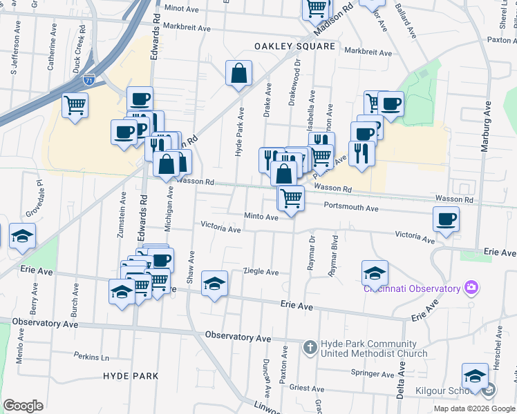 map of restaurants, bars, coffee shops, grocery stores, and more near in Cincinnati