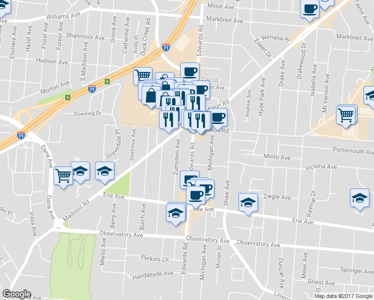 map of restaurants, bars, coffee shops, grocery stores, and more near 3644 Zumstein Avenue in Cincinnati