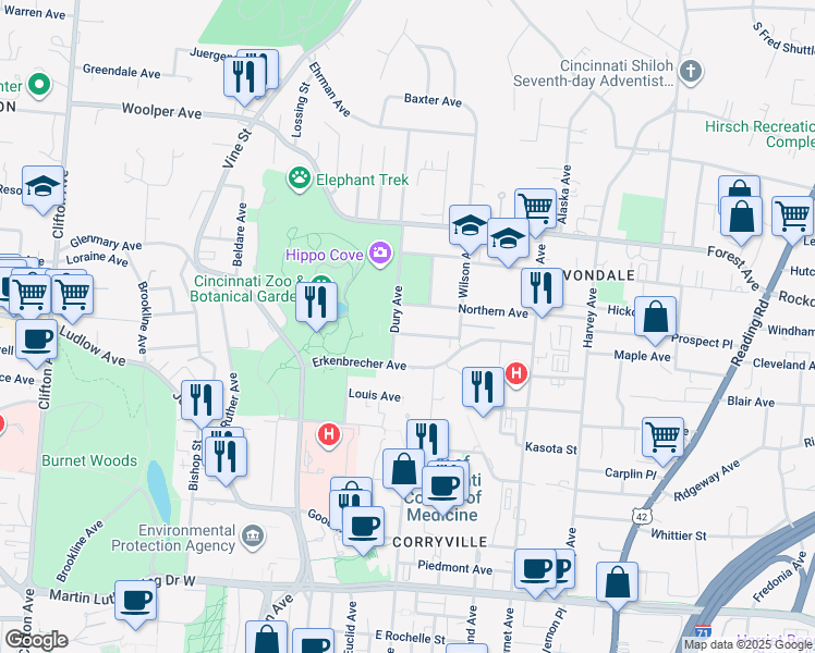 map of restaurants, bars, coffee shops, grocery stores, and more near 3449 Dury Avenue in Cincinnati