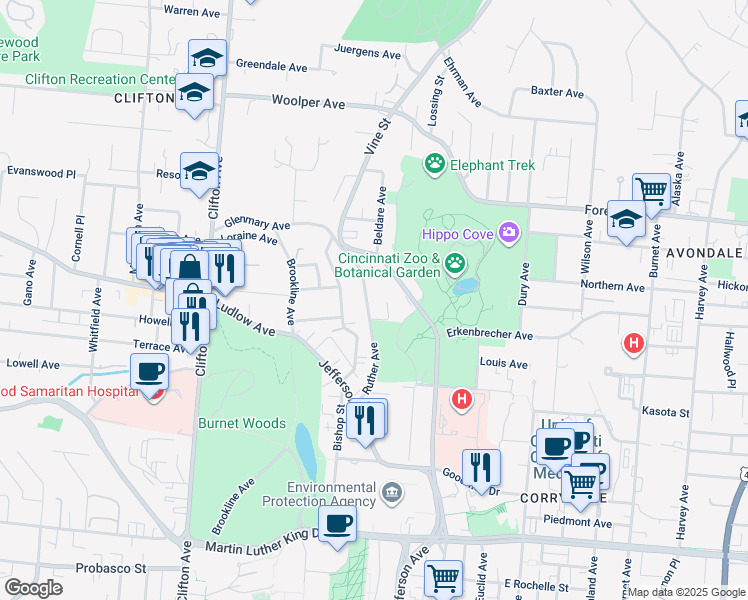 map of restaurants, bars, coffee shops, grocery stores, and more near 3465 Vine Street in Cincinnati