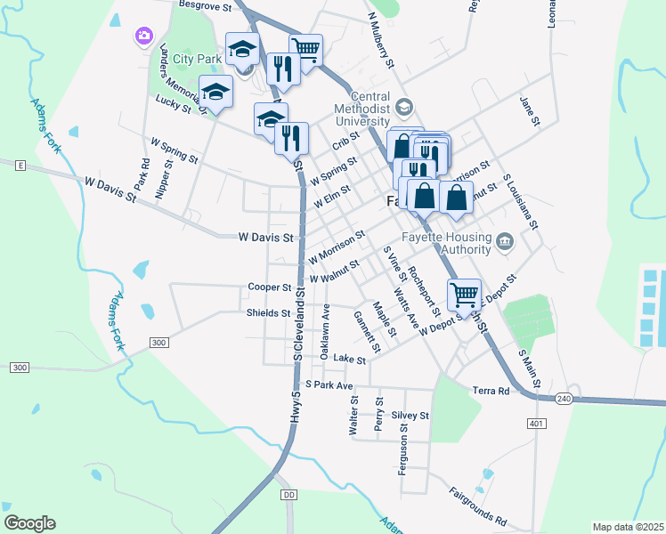 map of restaurants, bars, coffee shops, grocery stores, and more near 402-499 West Morrison Street in Fayette