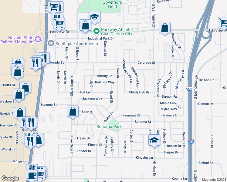 map of restaurants, bars, coffee shops, grocery stores, and more near 2514 Baker Drive in Carson City